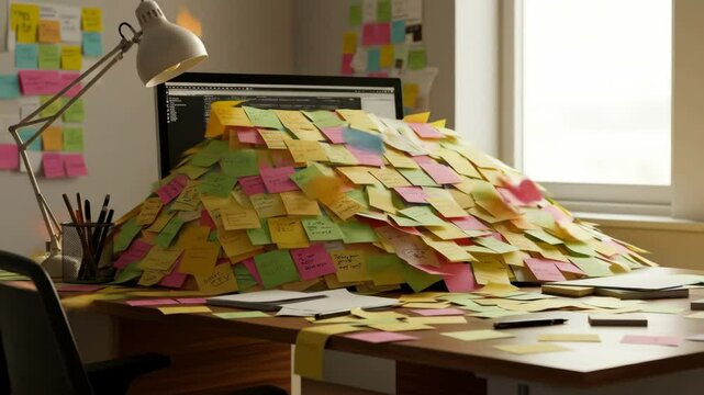 Overwhelmed Desk with Sticky Notes - A computer monitor is almost completely buried under a large pile of colorful sticky notes on a cluttered desk.