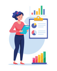 Businesswoman Analyzing Data on Clipboard with Charts and Graphs, Visual Representation of Growth, Success, and Data Analysis