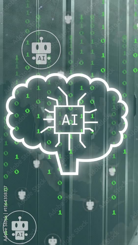 Poster animation of ai data processing and icons over computer servers