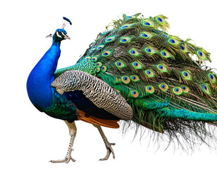 Obraz premium Peacock Strutting with Partially Opened Feathers in Garden Setting, Angled View, Isolated on Transparent Background