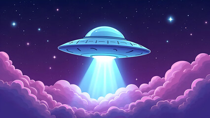 Obraz premium Cartoon illustration of a flying saucer emitting a light beam over the clouds in a starry night sky aesthetic wallpaper image