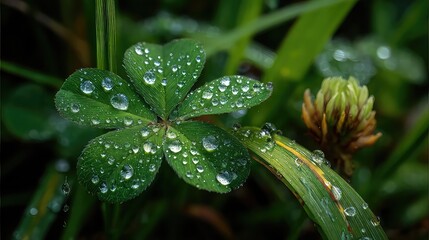  Close-up of Grass Blades and Clover Covered with Dew