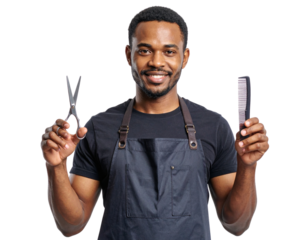 Professional Hair Stylist in Apron Holding Scissors and Comb, Front View Portrait, Isolated on Transparent Background