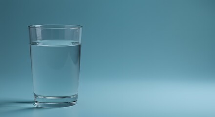 Refreshing crystal clear water in a simple glass tumbler, set against a calming light blue backdrop, illustrating essential daily hydration, purity, and wellness.
