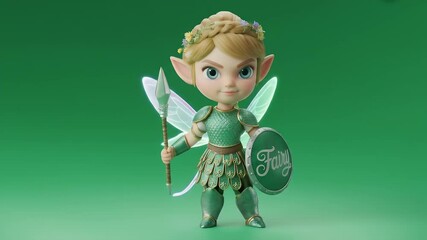 Blonde Elf Warrior in Green Armor Standing Guard with Spear Isolated by Green Screen Perfect for Game Visual Effects and Animation Projects - Powered by Adobe