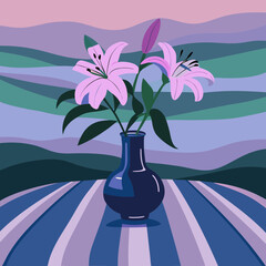 Stylized pink lilies in a dark blue vase on a striped table with a wavy background