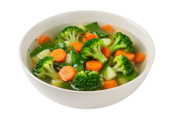 A nourishing bowl of vegetable soup showcasing fresh broccoli, carrots, and spinach, a healthy and vibrant culinary creation on a black background.