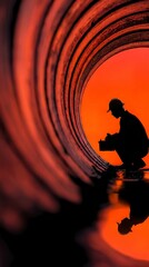A man in a hard hat is crouching down in a tunnel