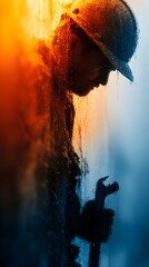 A man in a hard hat is holding a wrench and looking out of a window