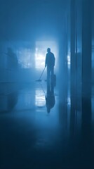 A man is cleaning a hallway with a mop