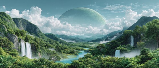 Lush alien landscape with waterfalls