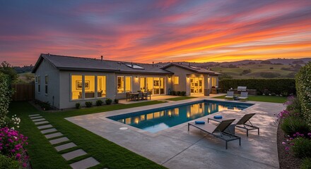 Obraz premium Modern home with pool at sunset