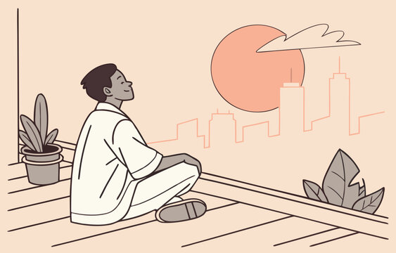 young Man Meditating on Rooftop at Sunrise &ndash; Inner Peace and Mental Clarity Concept Vector