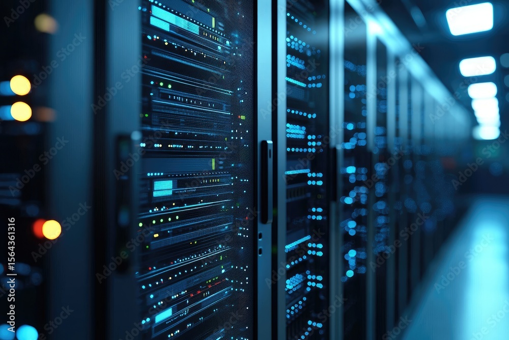 Poster Blue-lit server racks in a secure data center corridor with glowing indicators and advanced computing hardware, perfect for cloud, network, and digital infrastructure themes