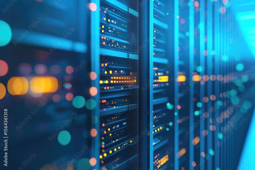 Poster High-tech data center with illuminated server racks and colorful reflections, ideal for cloud computing, IT infrastructure, cybersecurity, and futuristic technology concepts
