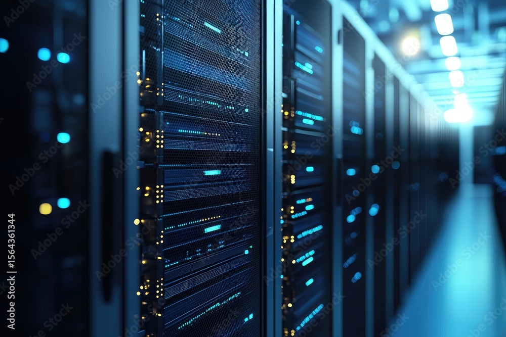 Poster Sleek server room interior with glowing blue and yellow LEDs on server racks, ideal for cloud storage, IT networks, secure data environments, and futuristic tech designs