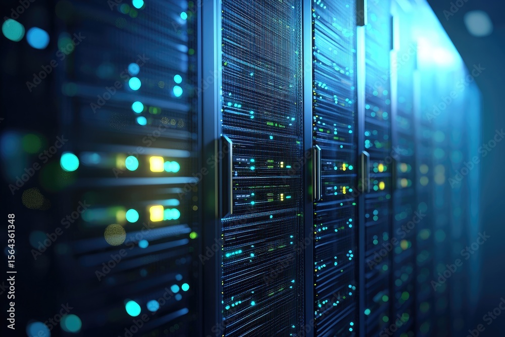 Leinwandbilder Dark data center hallway with rows of glowing server racks and blue-green indicators, ideal for cloud storage, digital infrastructure, and advanced computing environments