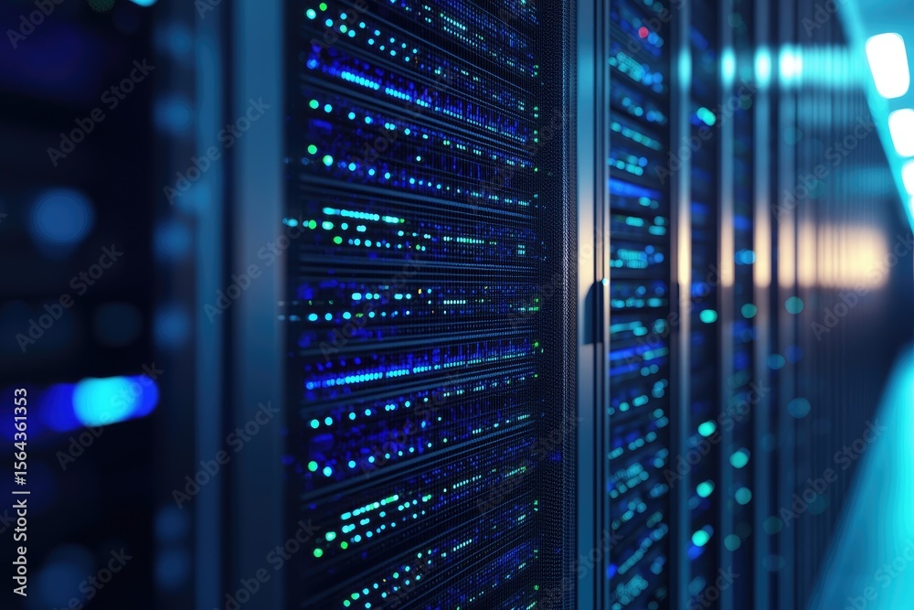 Poster Server racks illuminated with vivid blue and green lights in a futuristic data center corridor, ideal for cloud services, IT security, networking, and high-performance computing visuals