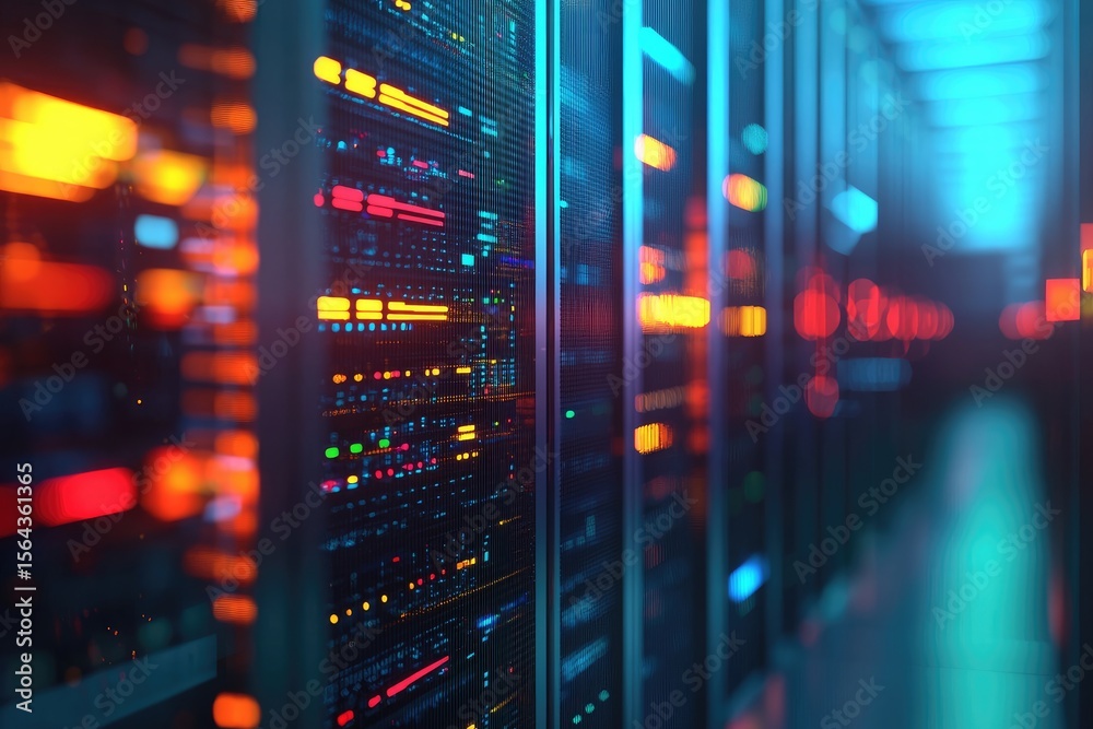 Aufkleber Futuristic server rack in high-tech data center with colorful LED lights and glowing cables, ideal for technology, cloud computing, and IT infrastructure themes