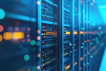 Naklejka premium High-tech data center with illuminated server racks and colorful reflections, ideal for cloud computing, IT infrastructure, cybersecurity, and futuristic technology concepts