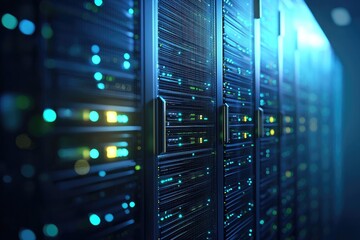 Dark data center hallway with rows of glowing server racks and blue-green indicators, ideal for cloud storage, digital infrastructure, and advanced computing environments