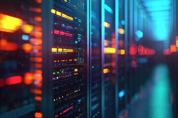 Naklejka premium Futuristic server rack in high-tech data center with colorful LED lights and glowing cables, ideal for technology, cloud computing, and IT infrastructure themes