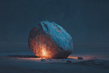 Large Ice Boulder with Glowing Fire Inside on Frozen Snowy Landscape at Night