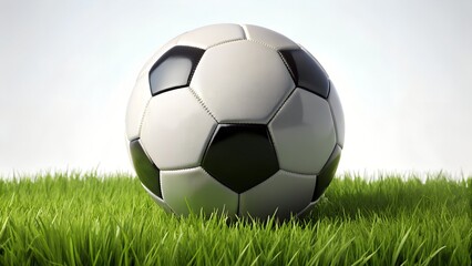 Fototapeta premium A classic black and white soccer ball rests on a patch of green grass against a plain white background.