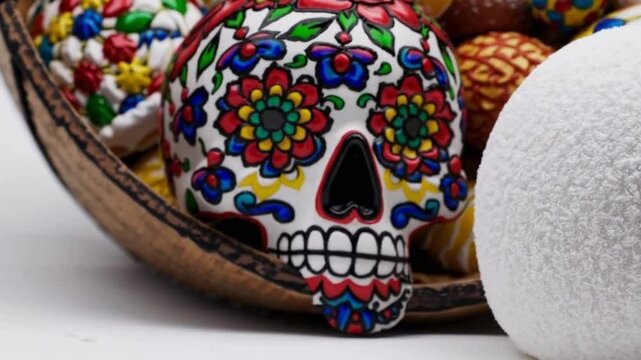 A vibrant sugar skull, adorned with intricate floral designs and vivid colors, is featured. Showcasing a cultural icon, a symbol of remembrance and celebration.