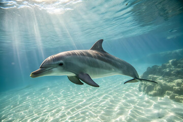 Obraz premium Dolphin Underwater: Witness the grace of a dolphin gracefully gliding through the tranquil, crystal-clear waters of the ocean, with sunlight filtering down.