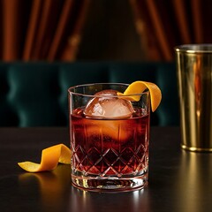A Negroni served in a lowball glass with a large ice sphere, garnished with an orange twist. The setting is a dimly lit luxury bar with velvet curtains and golden accents.
