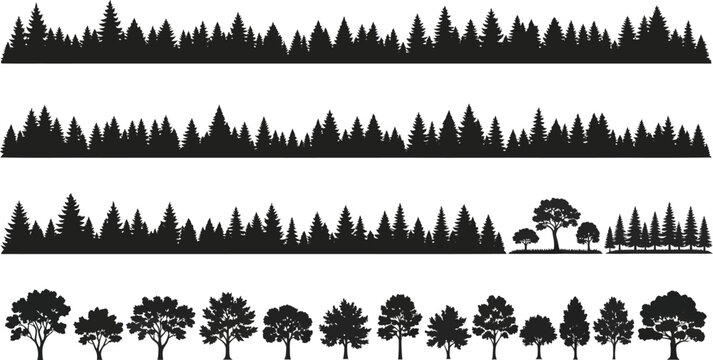 Collection of black silhouette forest tree lines and individual trees on a white background