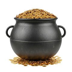A large, dark-gray, heavy-looking cauldron, with two simple handles, is overflowing with numerous golden coins