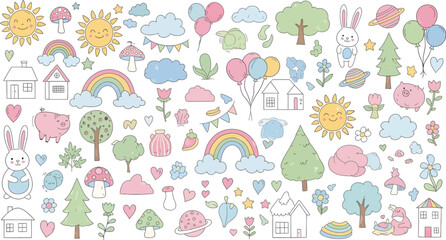 Fototapeta premium Cute hand drawn elements collection featuring sun rainbows clouds trees houses animals and balloons