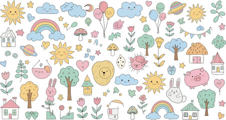 Obraz premium Cute hand drawn elements featuring sun clouds rainbows animals houses balloons and flowers