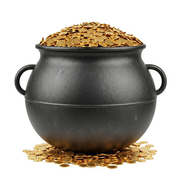 A large, dark-gray, heavy-looking cauldron, with two simple handles, is overflowing with numerous golden coins