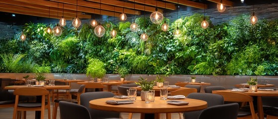 Naklejka premium Modern restaurant with lush greenery