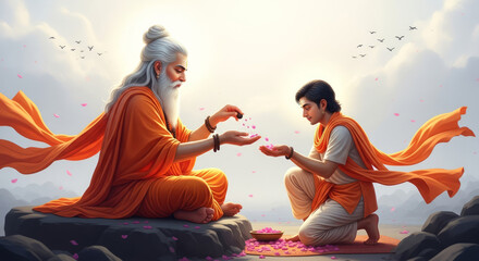 Naklejka na ściany i meble Guru Purnima Artwork Showing Emotional Moment of Devotee Receiving Blessings from His Spiritual Guru