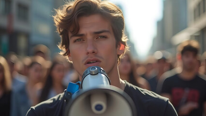 Young man addressing a crowd with a megaphone, leading a protest or rally in an urban setting