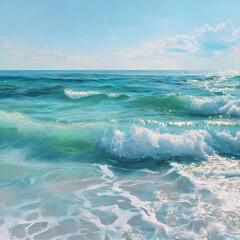 Infinite Turquoise: Capturing the Mesmerizing Dance of Ocean Waves Under Azure Skies with Shimmering Sunlit Crests