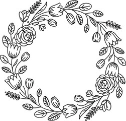 Floral Wreath Outline with Roses Tulips and Leaves on White Background
