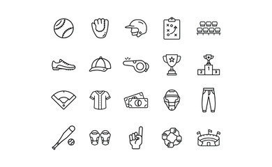 Baseball Icons: Collection of Outlined Sports Equipment and Symbols.