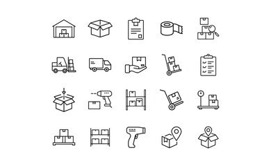 Collection of Linear Black Warehouse and Logistics Icons.