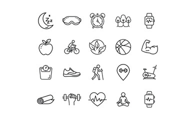 Collection of Black Line Art Fitness and Wellness Icons.