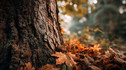 Close-up of a textured maple tree trunk with distinctive bark in autumn park. Concept of seasons and nature.
