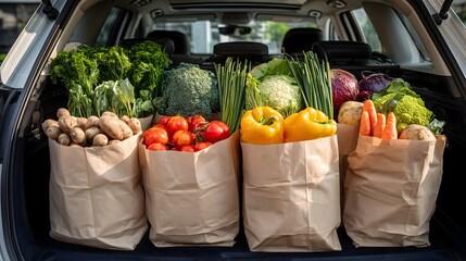 Fresh groceries neatly placed in a car trunk after shopping, variety of bags and produce. Concept of healthy lifestyle.
