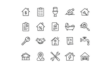Collection of Simple Black Line Home and Utility Icons.