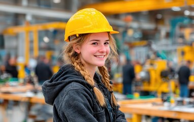 Young woman in hard hat in factory