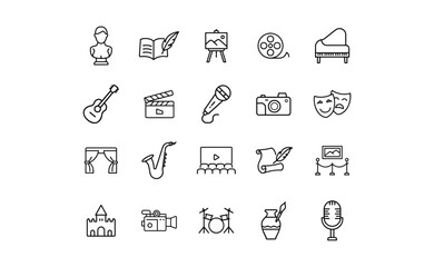 Collection of Linear Art Icons Depicting Various Forms of Art Music and Entertainment.