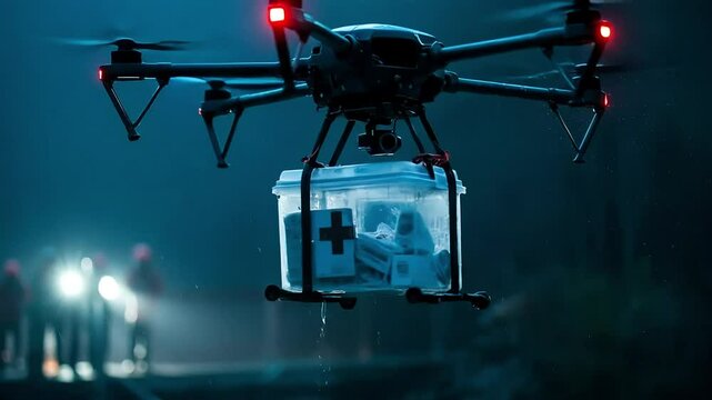 A medical drone hovers in a stormy nighttime forest, delivering a crate of supplies while rescuers illuminate the scene with flashlights. The concept of technology and emergency assistance